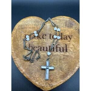 Cross Silver stone Vintage Heart Mother of Pearl Necklace Jewelry
